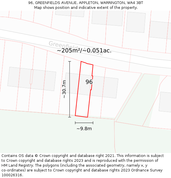 96, GREENFIELDS AVENUE, APPLETON, WARRINGTON, WA4 3BT: Plot and title map