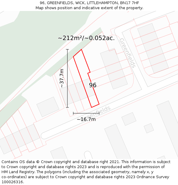 96, GREENFIELDS, WICK, LITTLEHAMPTON, BN17 7HF: Plot and title map
