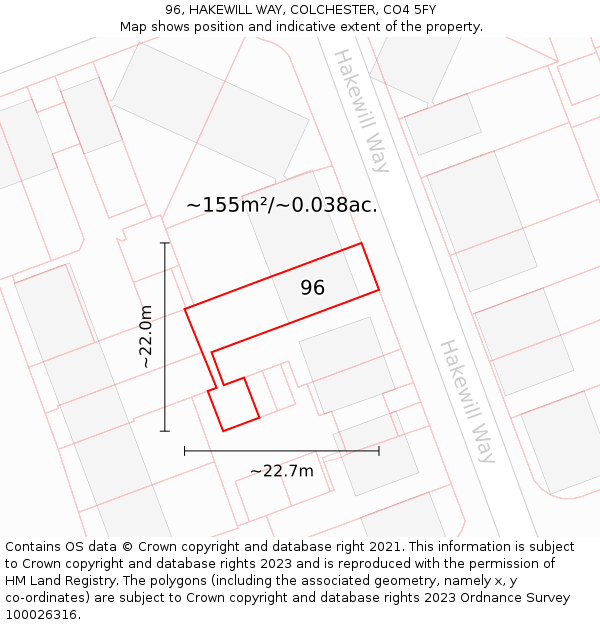 96, HAKEWILL WAY, COLCHESTER, CO4 5FY: Plot and title map