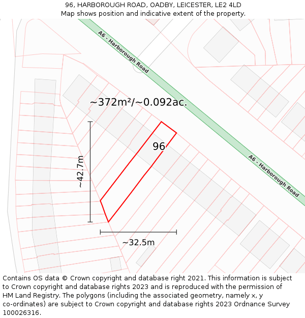 96, HARBOROUGH ROAD, OADBY, LEICESTER, LE2 4LD: Plot and title map