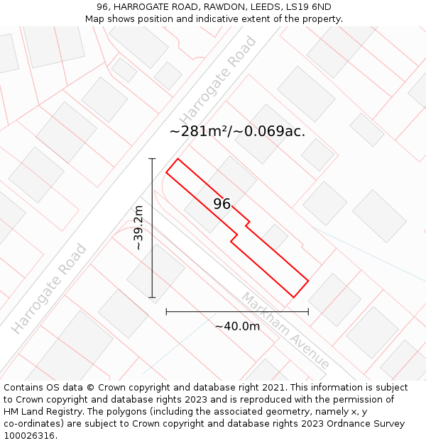 96, HARROGATE ROAD, RAWDON, LEEDS, LS19 6ND: Plot and title map