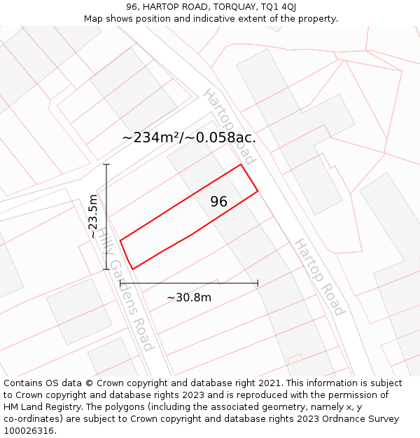 96, HARTOP ROAD, TORQUAY, TQ1 4QJ: Plot and title map
