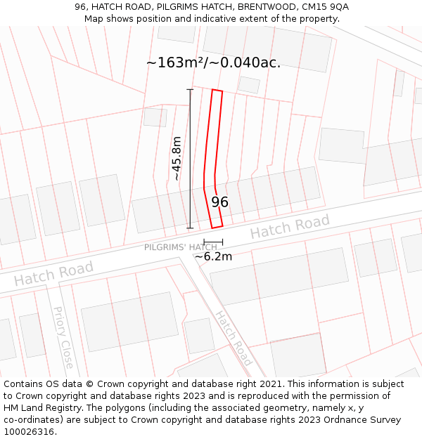 96, HATCH ROAD, PILGRIMS HATCH, BRENTWOOD, CM15 9QA: Plot and title map