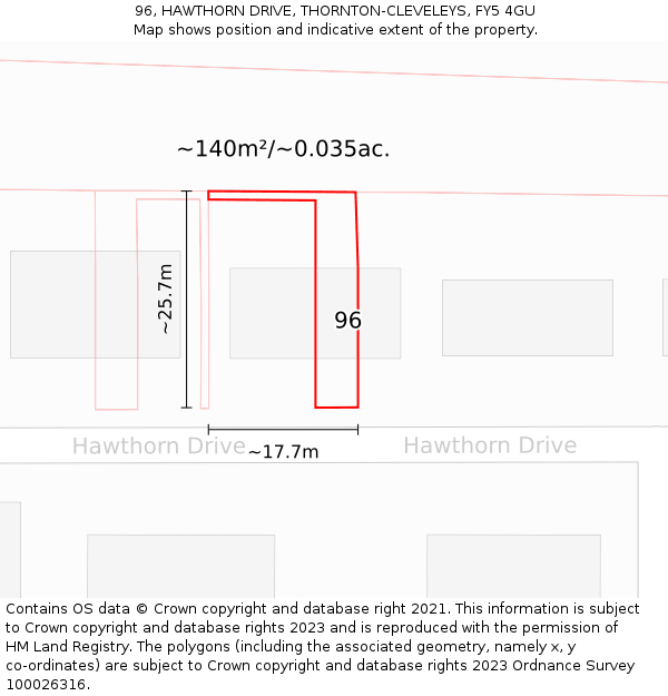 96, HAWTHORN DRIVE, THORNTON-CLEVELEYS, FY5 4GU: Plot and title map