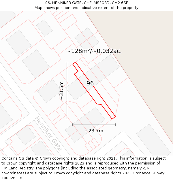96, HENNIKER GATE, CHELMSFORD, CM2 6SB: Plot and title map