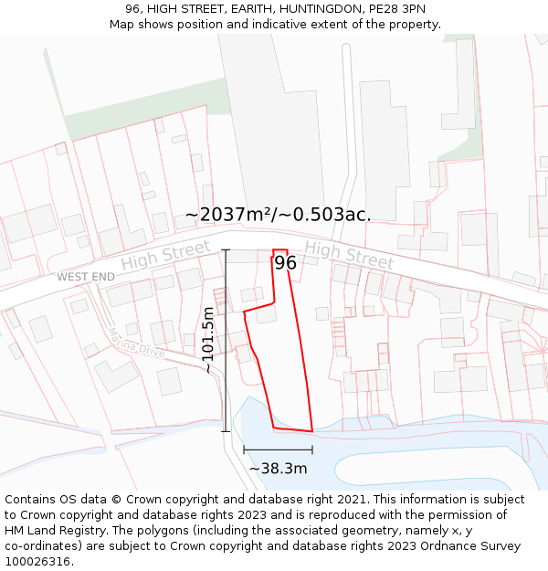 96, HIGH STREET, EARITH, HUNTINGDON, PE28 3PN: Plot and title map