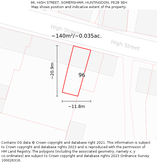 96, HIGH STREET, SOMERSHAM, HUNTINGDON, PE28 3EH: Plot and title map
