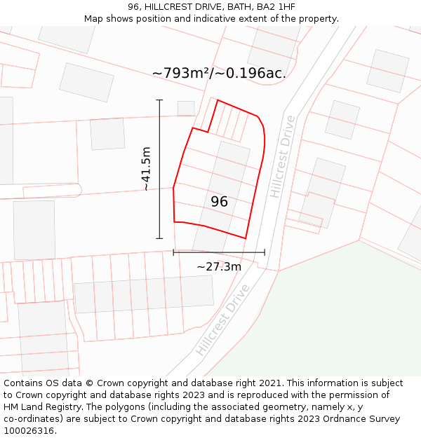 96, HILLCREST DRIVE, BATH, BA2 1HF: Plot and title map