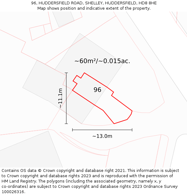 96, HUDDERSFIELD ROAD, SHELLEY, HUDDERSFIELD, HD8 8HE: Plot and title map