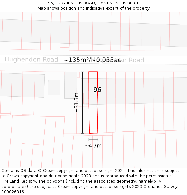 96, HUGHENDEN ROAD, HASTINGS, TN34 3TE: Plot and title map