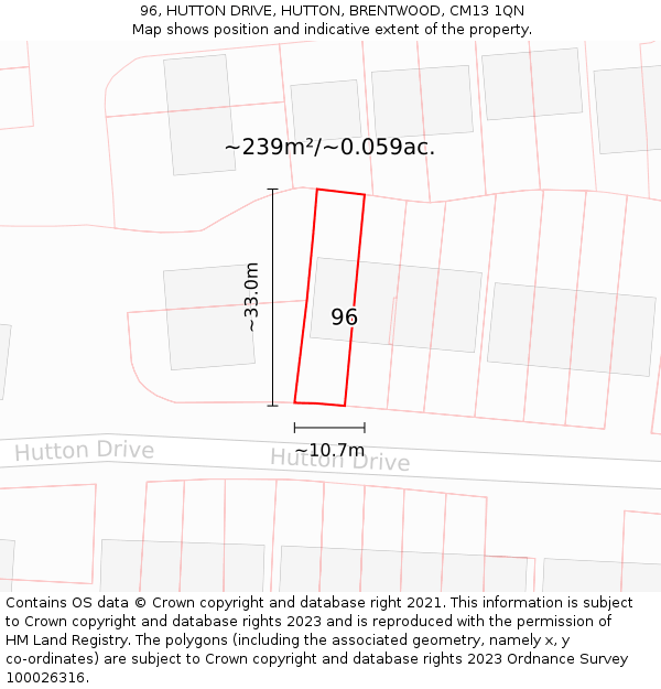 96, HUTTON DRIVE, HUTTON, BRENTWOOD, CM13 1QN: Plot and title map