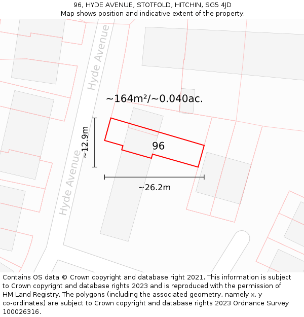 96, HYDE AVENUE, STOTFOLD, HITCHIN, SG5 4JD: Plot and title map