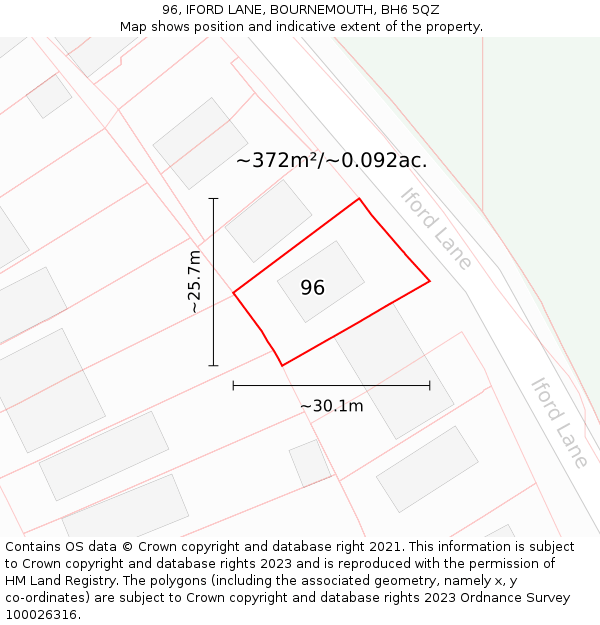 96, IFORD LANE, BOURNEMOUTH, BH6 5QZ: Plot and title map