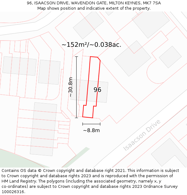 96, ISAACSON DRIVE, WAVENDON GATE, MILTON KEYNES, MK7 7SA: Plot and title map