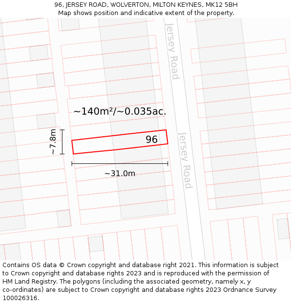 96, JERSEY ROAD, WOLVERTON, MILTON KEYNES, MK12 5BH: Plot and title map