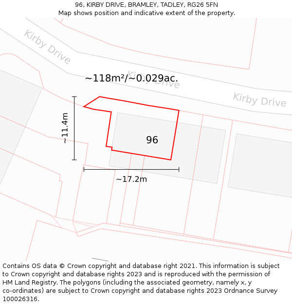 96, KIRBY DRIVE, BRAMLEY, TADLEY, RG26 5FN: Plot and title map