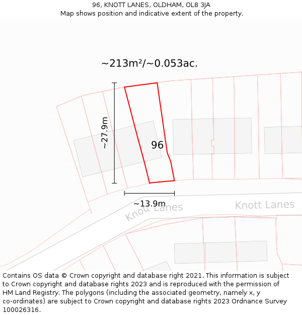 96, KNOTT LANES, OLDHAM, OL8 3JA: Plot and title map