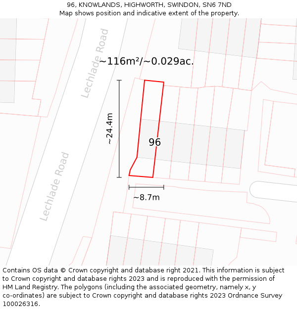 96, KNOWLANDS, HIGHWORTH, SWINDON, SN6 7ND: Plot and title map