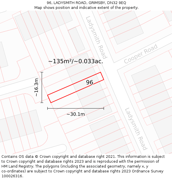 96, LADYSMITH ROAD, GRIMSBY, DN32 9EQ: Plot and title map