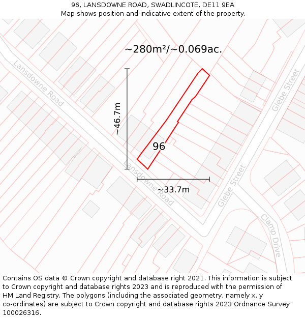 96, LANSDOWNE ROAD, SWADLINCOTE, DE11 9EA: Plot and title map