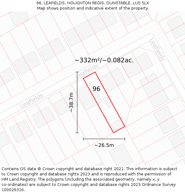 96, LEAFIELDS, HOUGHTON REGIS, DUNSTABLE, LU5 5LX: Plot and title map