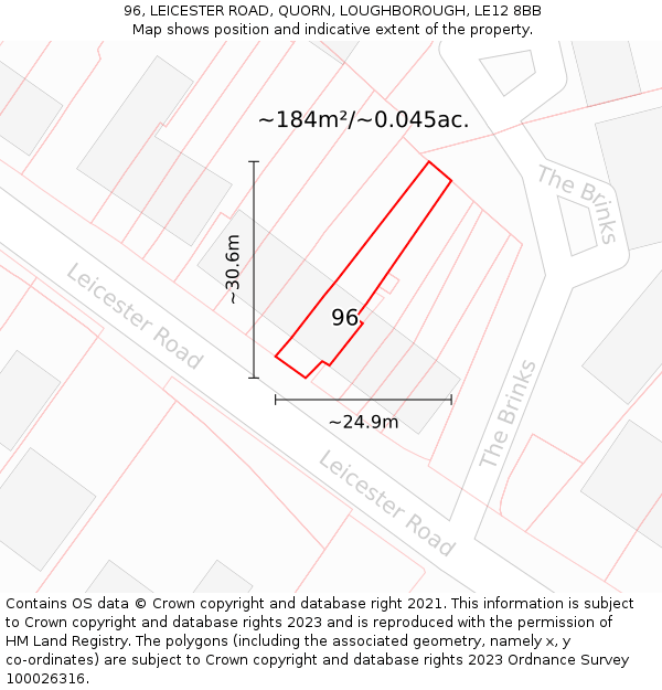 96, LEICESTER ROAD, QUORN, LOUGHBOROUGH, LE12 8BB: Plot and title map