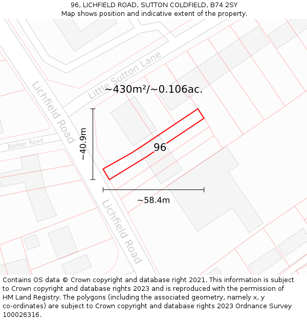 96, LICHFIELD ROAD, SUTTON COLDFIELD, B74 2SY: Plot and title map
