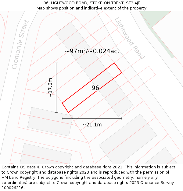 96, LIGHTWOOD ROAD, STOKE-ON-TRENT, ST3 4JF: Plot and title map