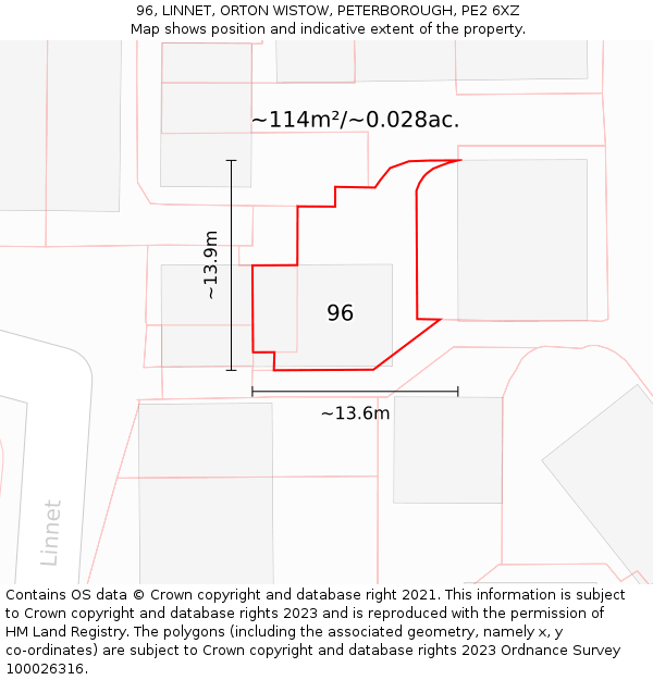 96, LINNET, ORTON WISTOW, PETERBOROUGH, PE2 6XZ: Plot and title map