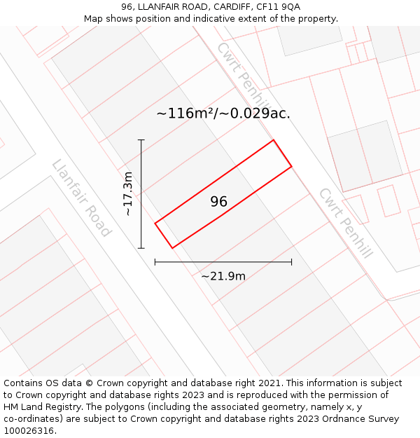 96, LLANFAIR ROAD, CARDIFF, CF11 9QA: Plot and title map