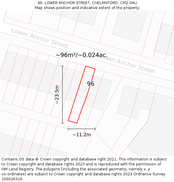 96, LOWER ANCHOR STREET, CHELMSFORD, CM2 0AU: Plot and title map