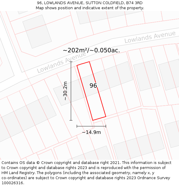 96, LOWLANDS AVENUE, SUTTON COLDFIELD, B74 3RD: Plot and title map