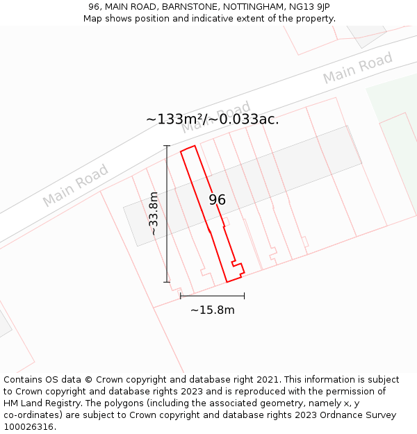 96, MAIN ROAD, BARNSTONE, NOTTINGHAM, NG13 9JP: Plot and title map