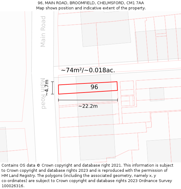 96, MAIN ROAD, BROOMFIELD, CHELMSFORD, CM1 7AA: Plot and title map