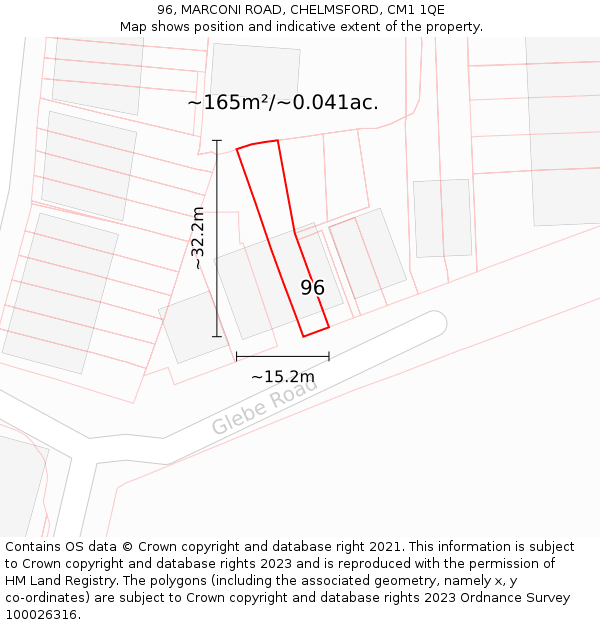 96, MARCONI ROAD, CHELMSFORD, CM1 1QE: Plot and title map