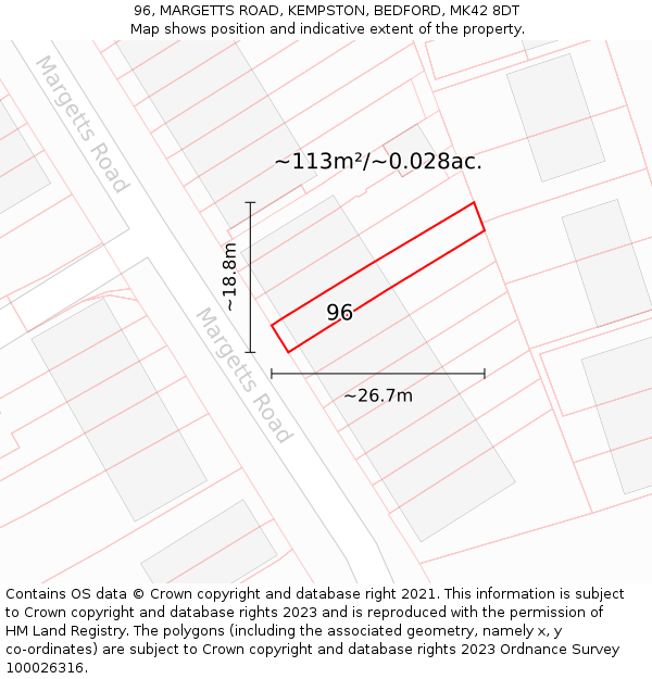 96, MARGETTS ROAD, KEMPSTON, BEDFORD, MK42 8DT: Plot and title map