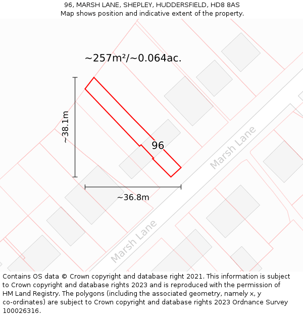 96, MARSH LANE, SHEPLEY, HUDDERSFIELD, HD8 8AS: Plot and title map