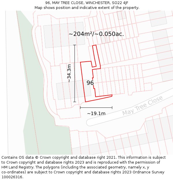 96, MAY TREE CLOSE, WINCHESTER, SO22 4JF: Plot and title map
