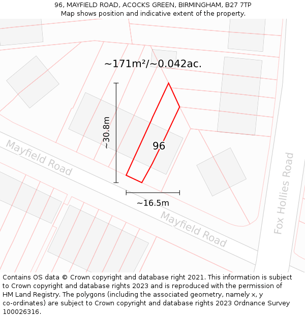 96, MAYFIELD ROAD, ACOCKS GREEN, BIRMINGHAM, B27 7TP: Plot and title map