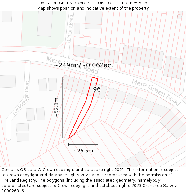 96, MERE GREEN ROAD, SUTTON COLDFIELD, B75 5DA: Plot and title map