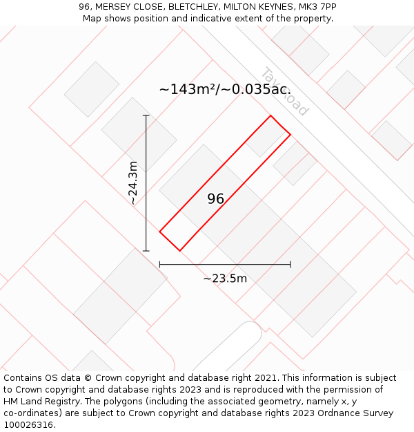 96, MERSEY CLOSE, BLETCHLEY, MILTON KEYNES, MK3 7PP: Plot and title map