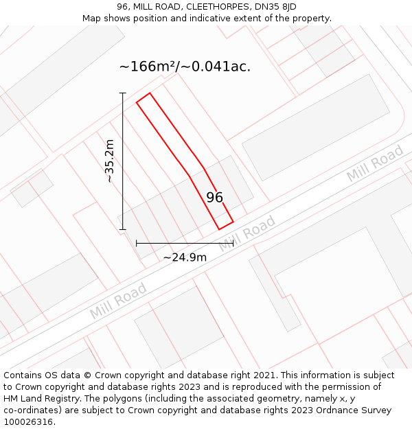 96, MILL ROAD, CLEETHORPES, DN35 8JD: Plot and title map