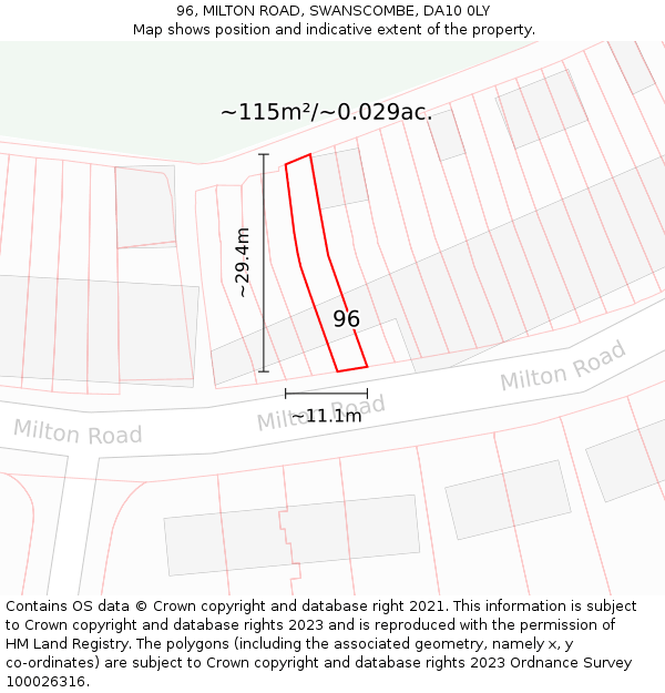 96, MILTON ROAD, SWANSCOMBE, DA10 0LY: Plot and title map