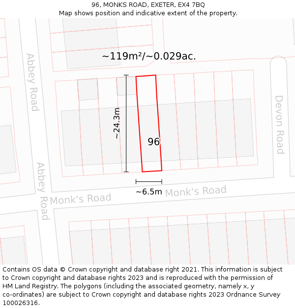 96, MONKS ROAD, EXETER, EX4 7BQ: Plot and title map