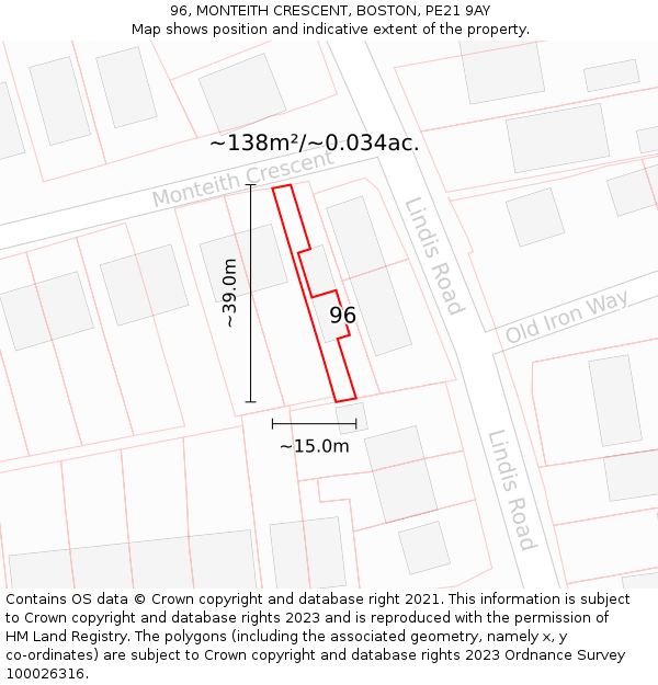 96, MONTEITH CRESCENT, BOSTON, PE21 9AY: Plot and title map