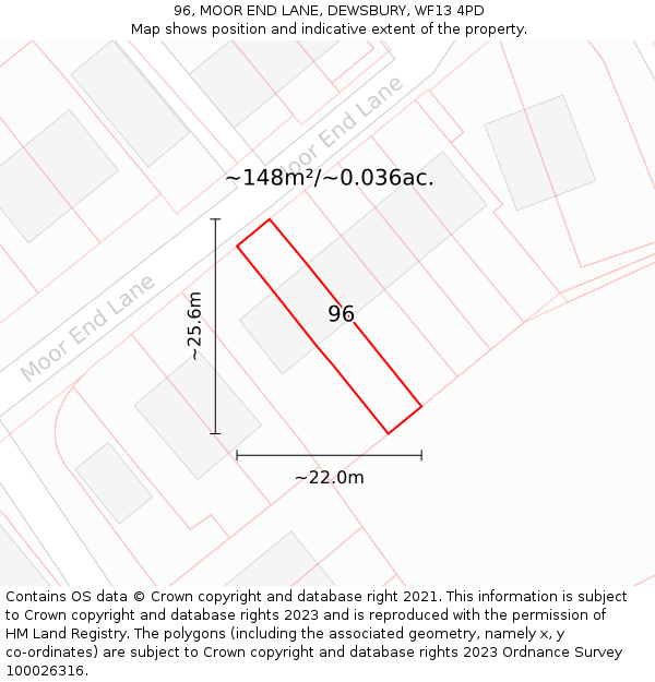 96, MOOR END LANE, DEWSBURY, WF13 4PD: Plot and title map