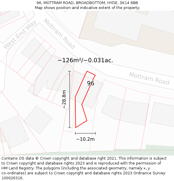 96, MOTTRAM ROAD, BROADBOTTOM, HYDE, SK14 6BB: Plot and title map