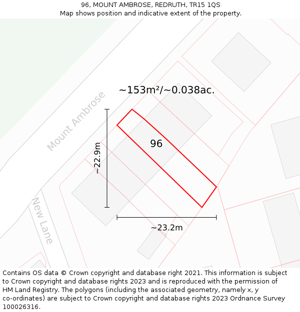 96, MOUNT AMBROSE, REDRUTH, TR15 1QS: Plot and title map