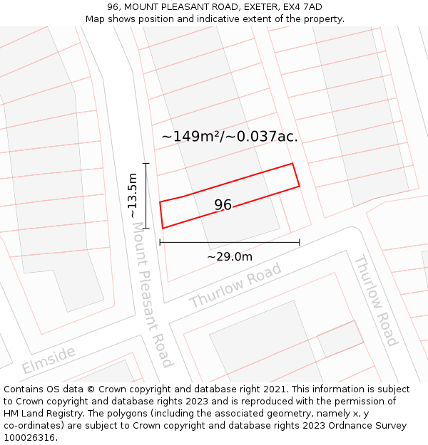 96, MOUNT PLEASANT ROAD, EXETER, EX4 7AD: Plot and title map