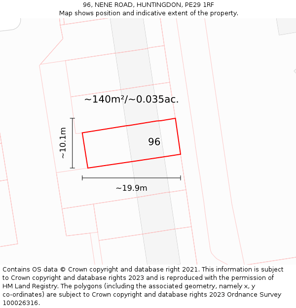 96, NENE ROAD, HUNTINGDON, PE29 1RF: Plot and title map